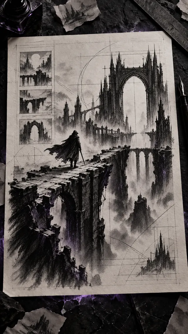 Studio visivo pubblicato: un viandante su un ponte gotico disegnato su una pagina.